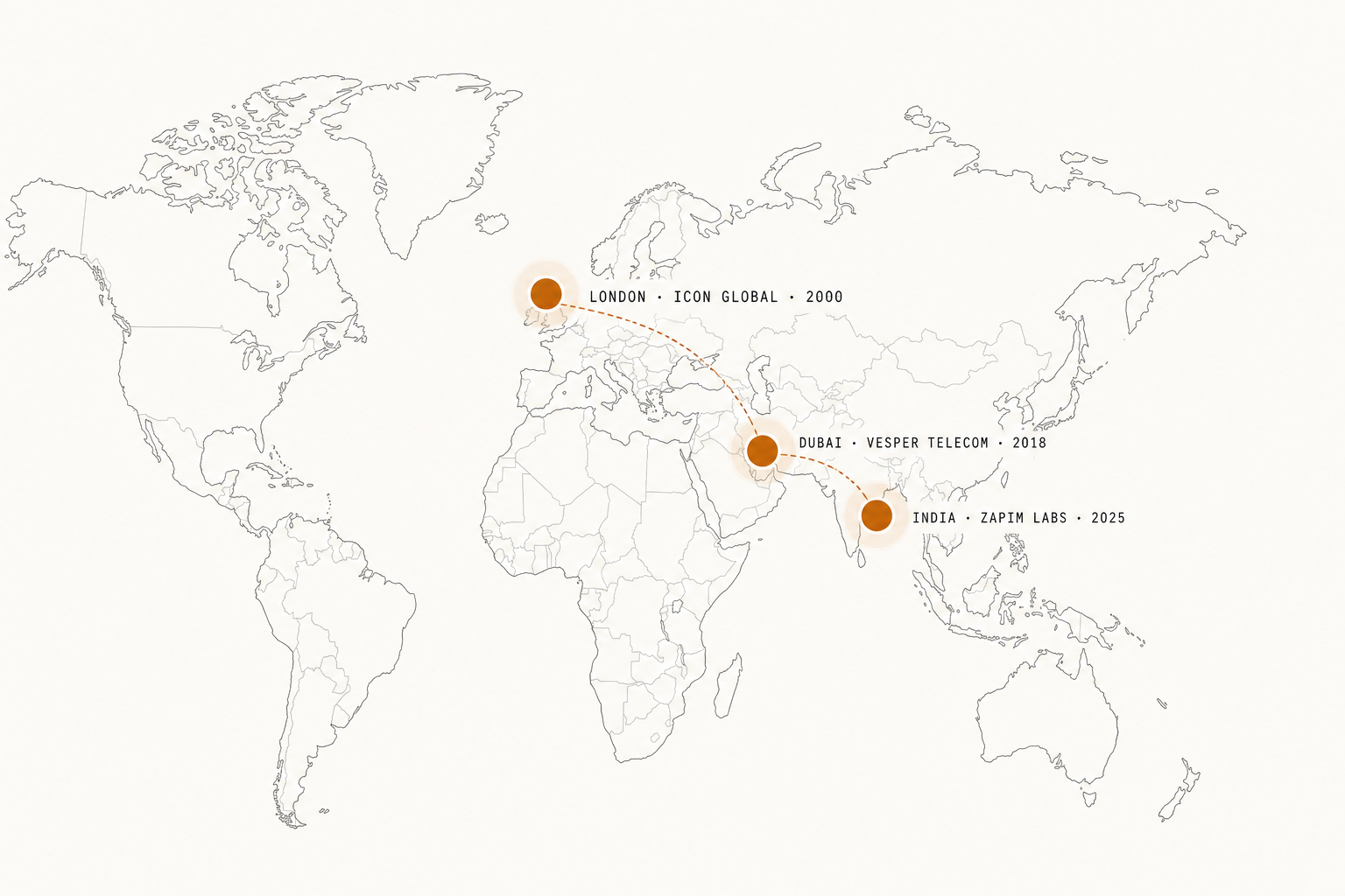 World map showing the three group office locations: London, Dubai, India